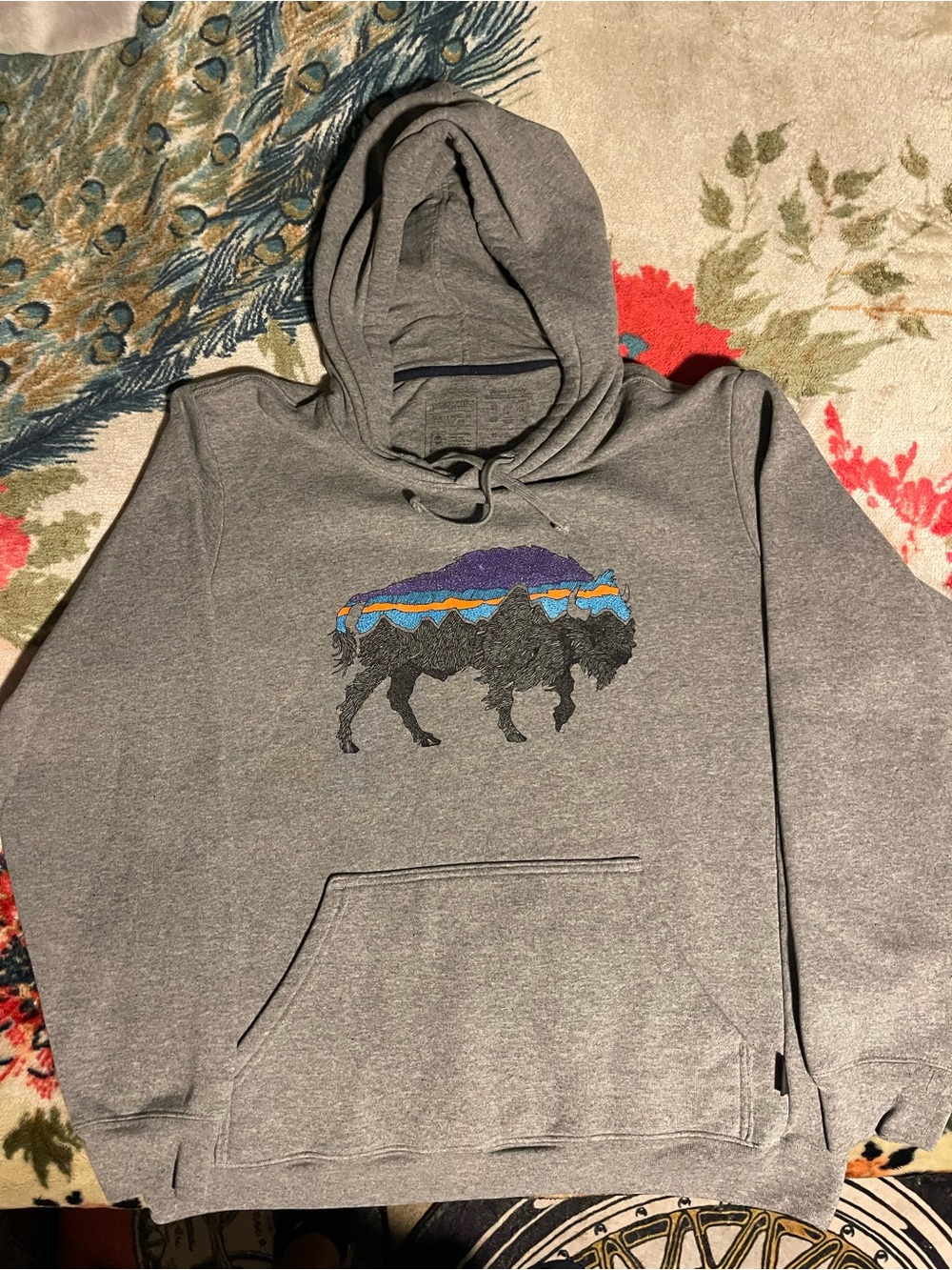 Patagonia Gray Hoodie with Multicolor Buffalo Patch